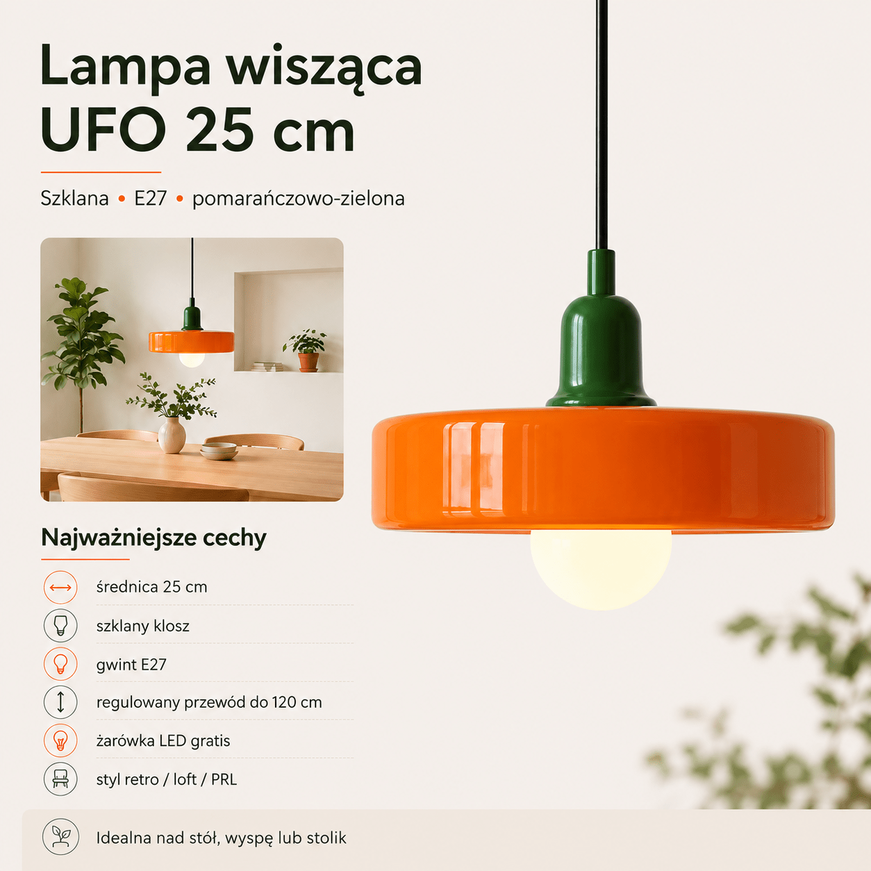 Lampa wisząca UFO – Pomarańczowo-zielona